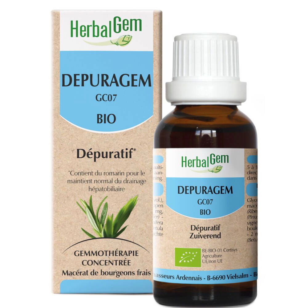 Flacon en verre brun avec bouchon blanc et boîte. Inscription: HerbalGem Depuragem Bio. Avec label bio.