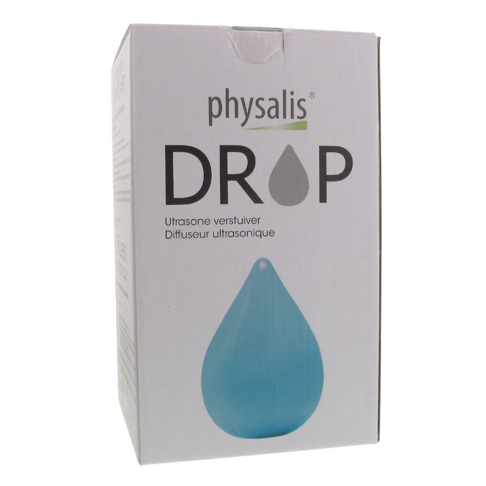 Boîte blanche avec le nom du produit « physalis DROP ». En dessous, une forme de goutte bleue. Texte : Ultrasone verstuiver, Diffuseur ultrasonique.