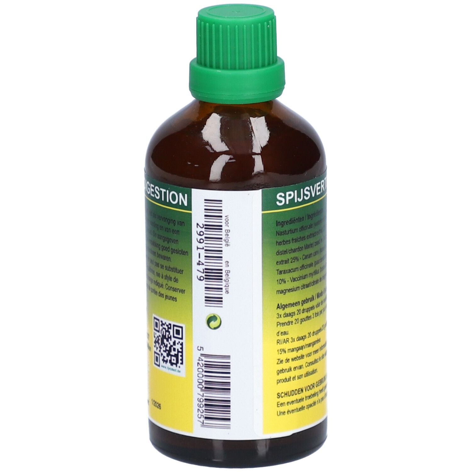 Dos du flacon. Étiquette avec ingrédients et instructions de dosage. Texte en néerlandais.