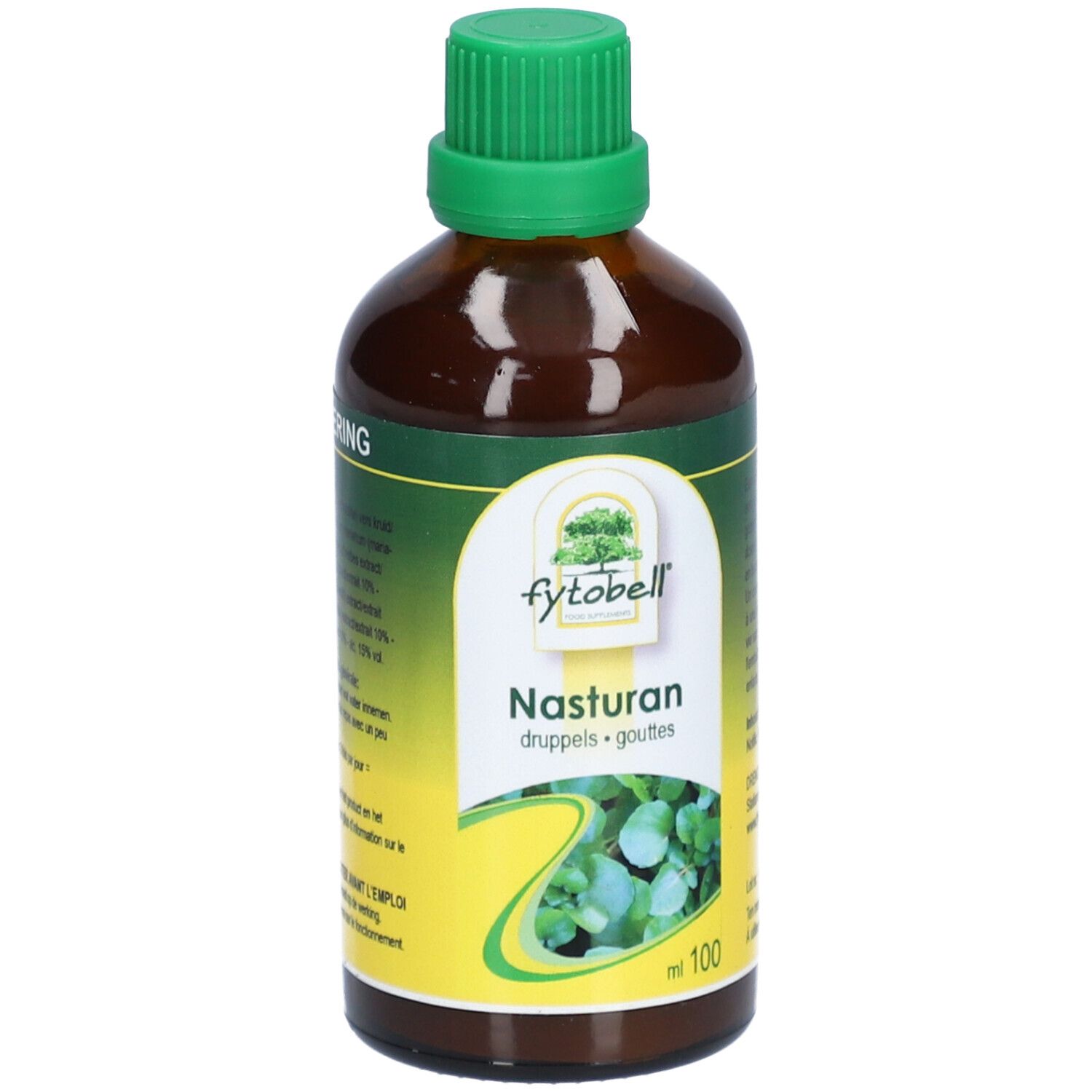 Flacon en verre brun avec bouchon vert. Étiquette "fytobell Nasturan" et feuilles vertes. 100 ml.