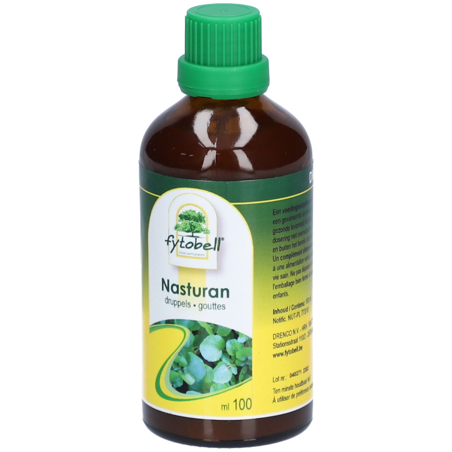 Flacon en verre brun avec bouchon vert. Étiquette "fytobell Nasturan" et feuilles vertes. 100 ml.