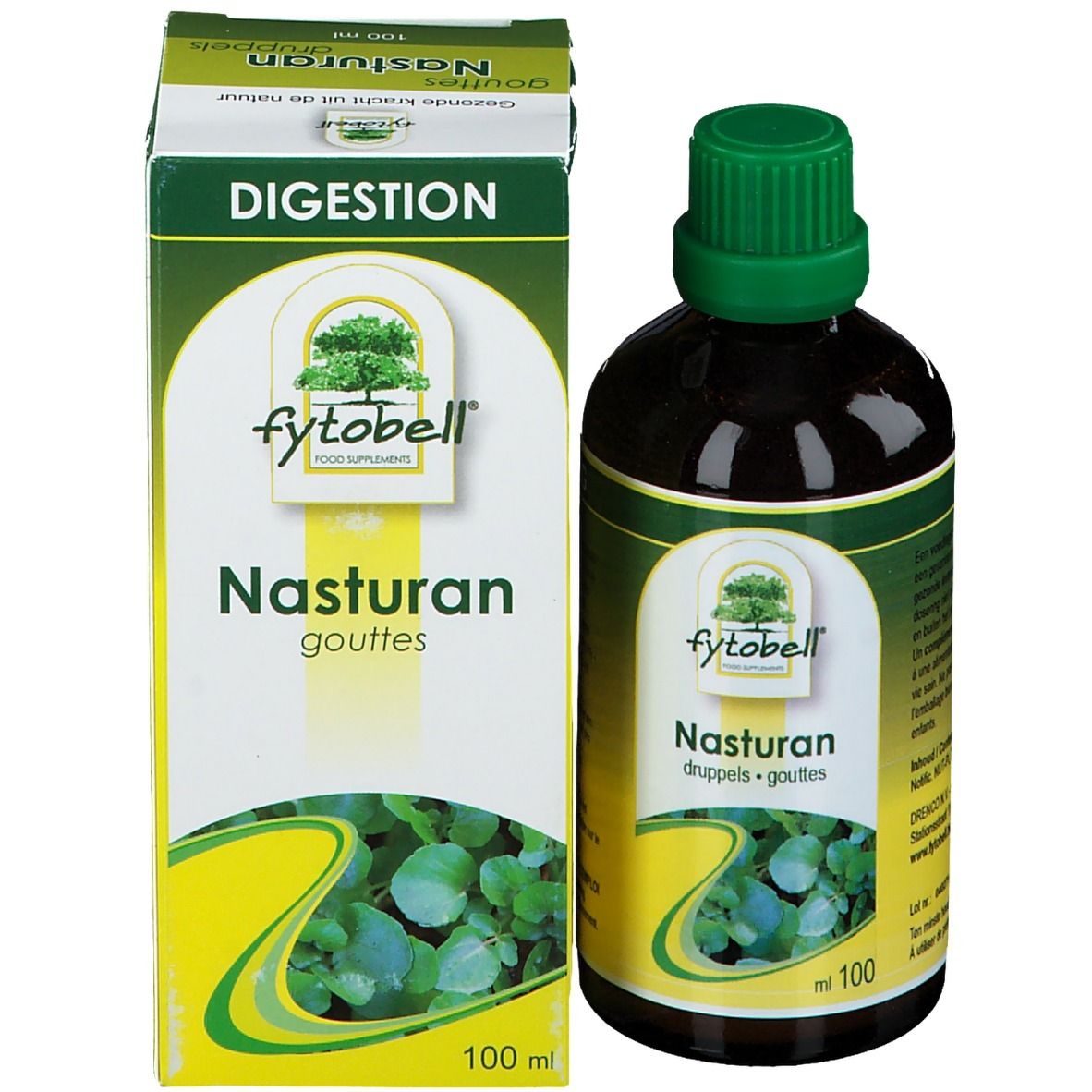 Produit et emballage. Flacon et boîte avec "fytobell Nasturan". 100 ml.