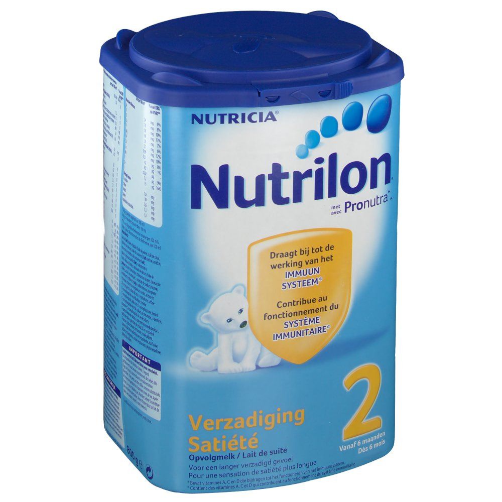 Boîte bleue Nutrilon Satiété 2. Inscription Nutrilon, ours, écusson jaune avec texte. Couvercle bleu.