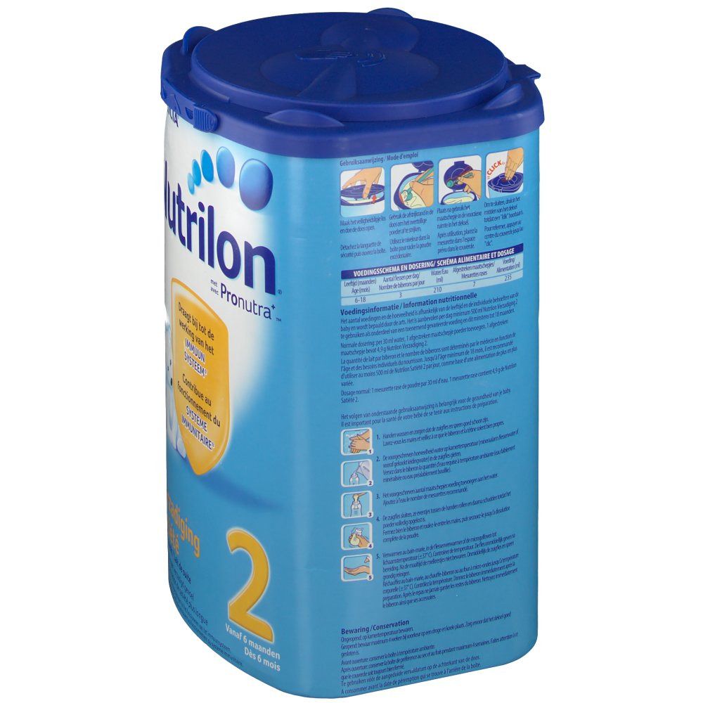 Dos de la boîte bleue Nutrilon Satiété 2. Texte et graphiques sur fond bleu. Couvercle bleu.