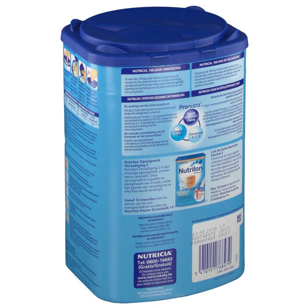 Dos de la boîte bleue Nutrilon Satiété 2. Texte et graphiques sur fond bleu. Couvercle bleu.