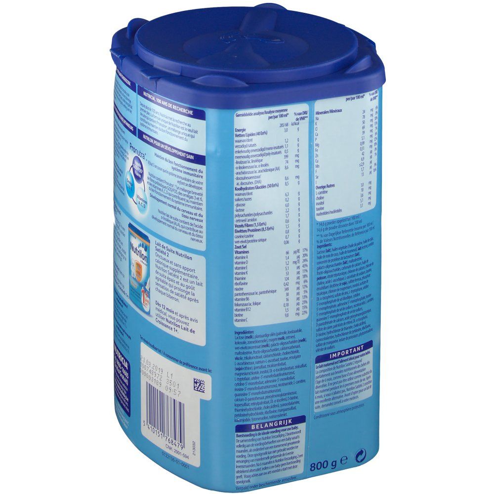 Dos de la boîte bleue Nutrilon Satiété 2. Texte et graphiques sur fond bleu. Couvercle bleu.