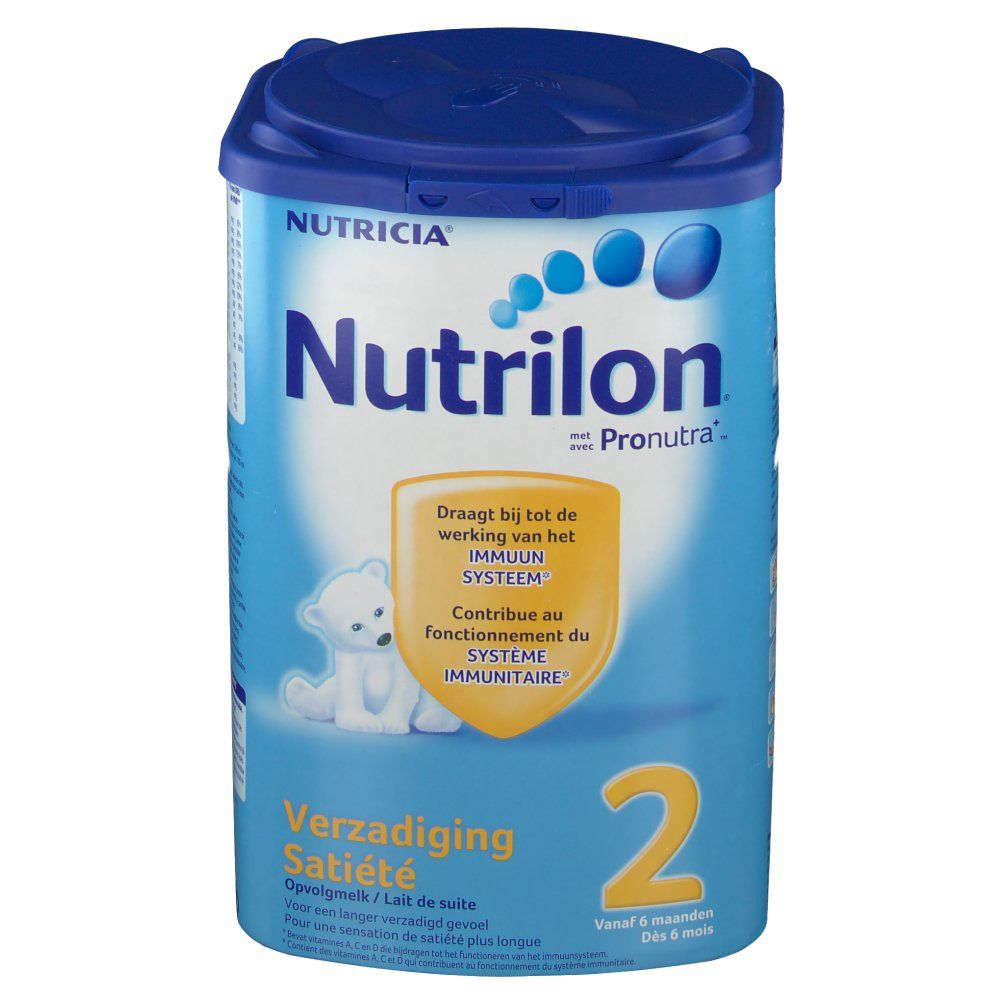 Boîte bleue Nutrilon Satiété 2. Inscription Nutrilon, ours, écusson jaune avec texte. Couvercle bleu.
