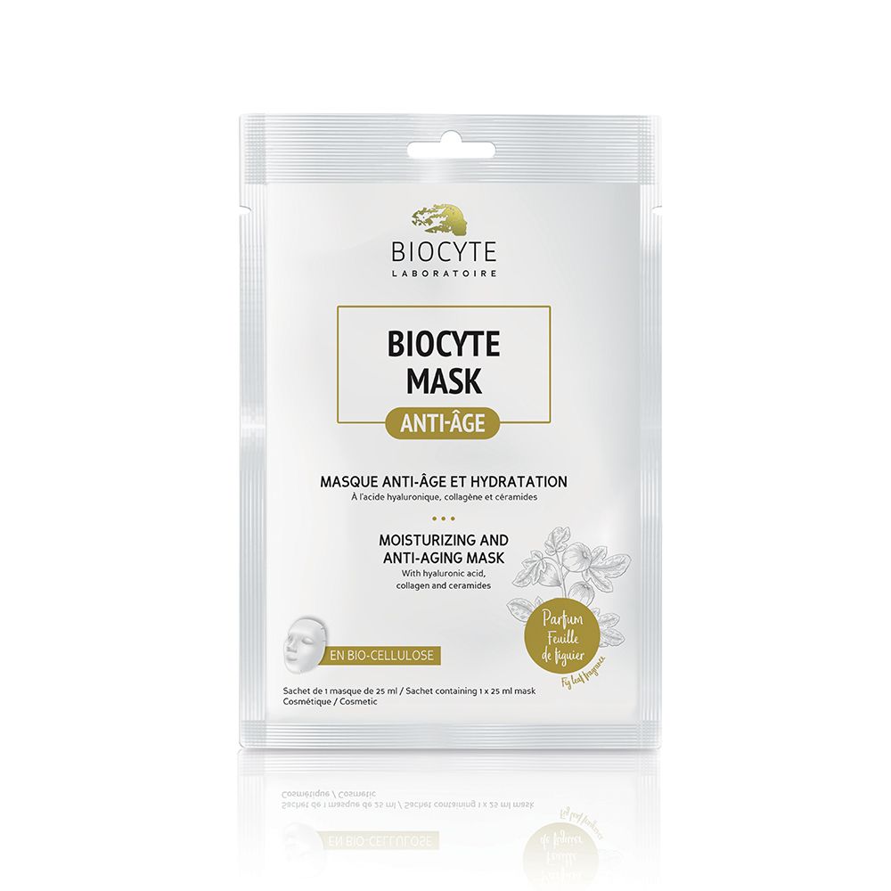 Sachet de masque facial. Vue de face avec nom du produit, logo et texte. Contient acide hyaluronique, collagène et céramides. "En Bio-Cellulose".