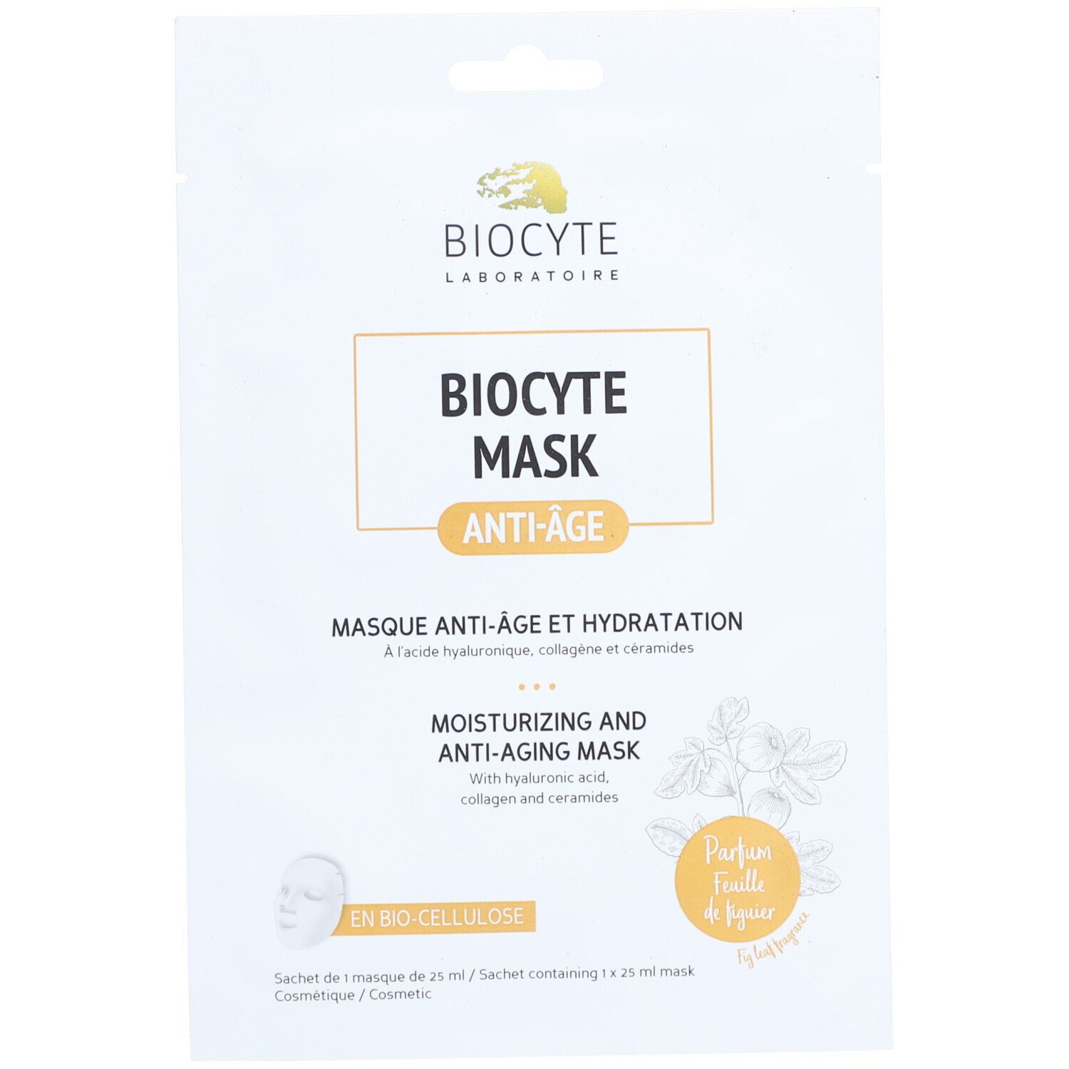 Sachet de masque facial. Face avant avec nom du produit, logo et texte. Contient acide hyaluronique, collagène et céramides. "En Bio-Cellulose".