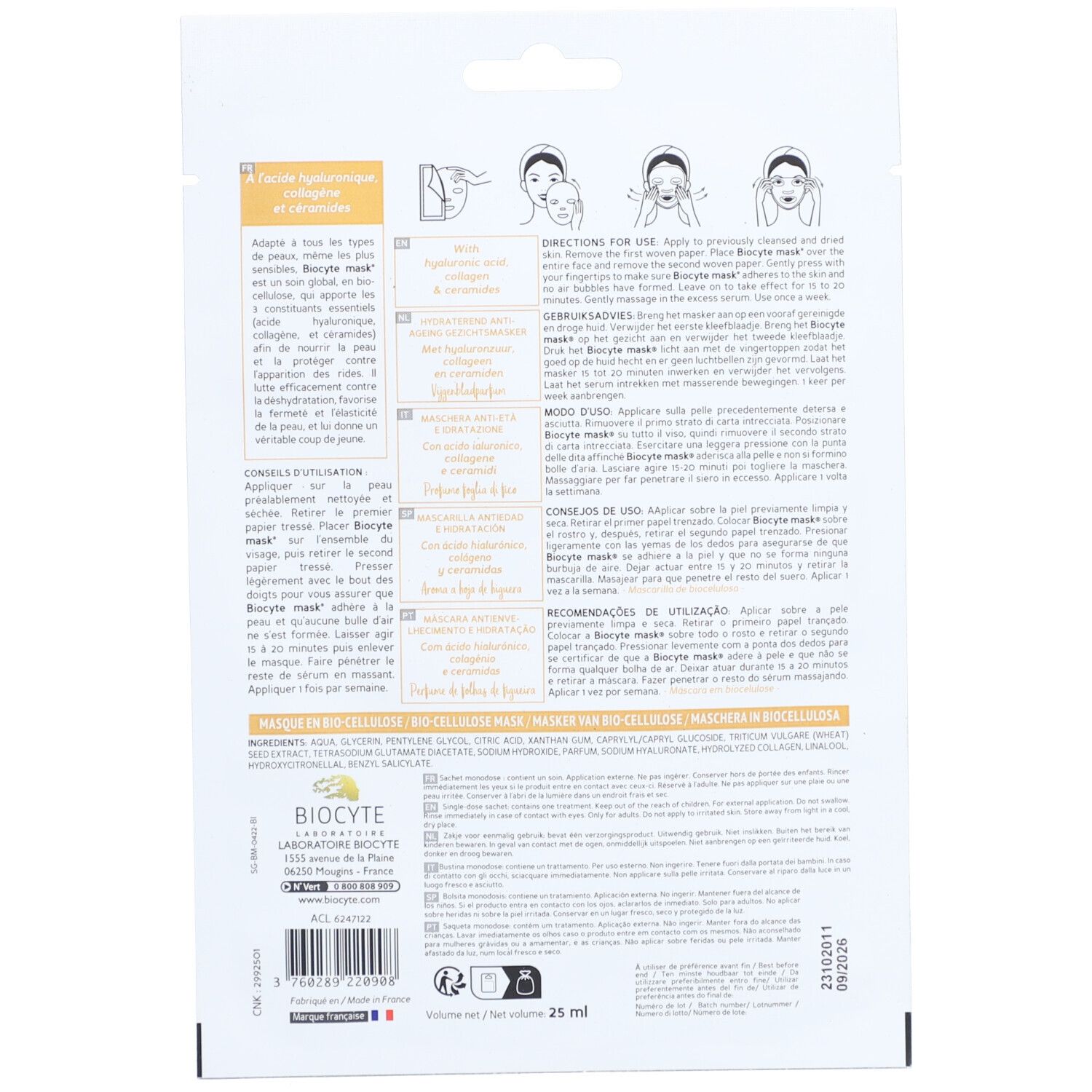 Dos du sachet de masque facial. Texte multilingue. Contient instructions, ingrédients et informations fabricant. 25 ml.