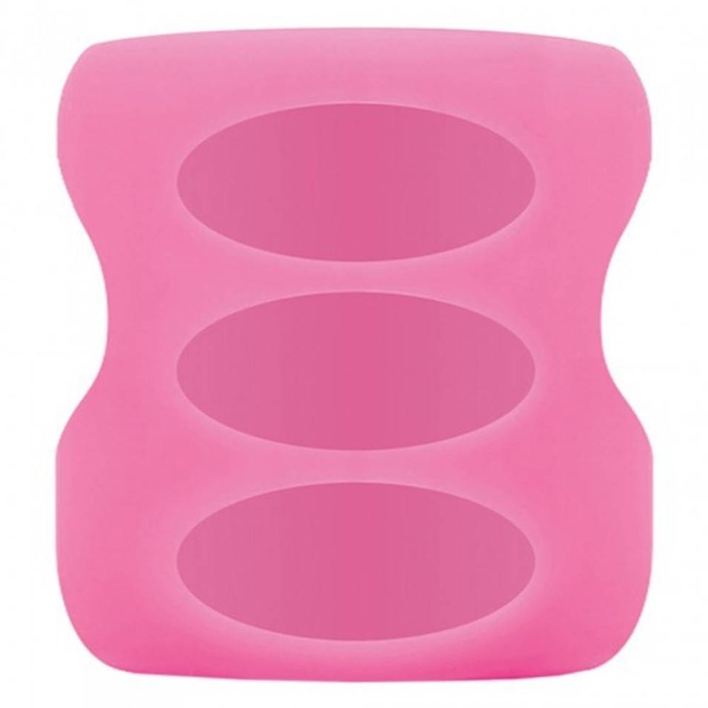 Manchon rose en silicone avec trois ouvertures ovales. Pour biberons.