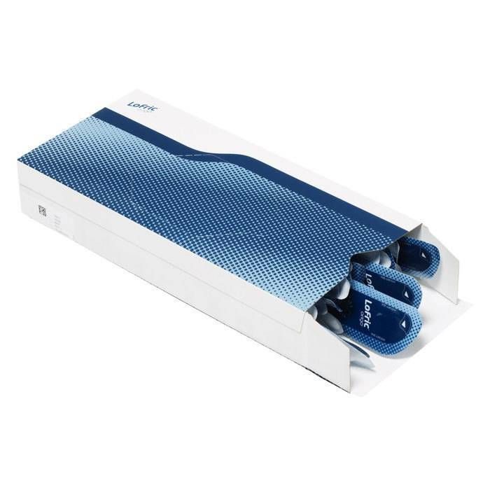 Geöffnete Kartonverpackung mit mehreren Einzelverpackungen. Blau-weiße Farbverlauf. Produktname nicht sichtbar.