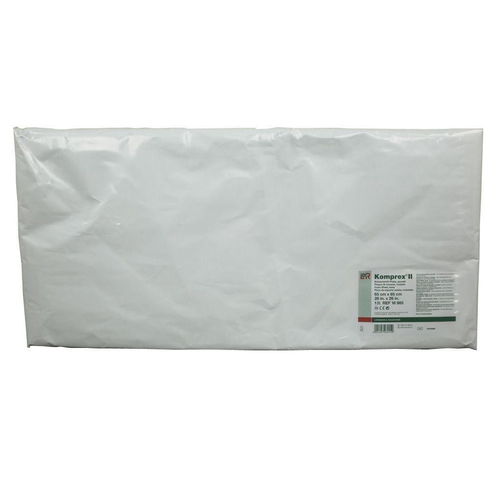 Verpackte Schaumstoffplatte. Auf der Verpackung ist der Produktname Komprex II und weitere Informationen abgebildet.