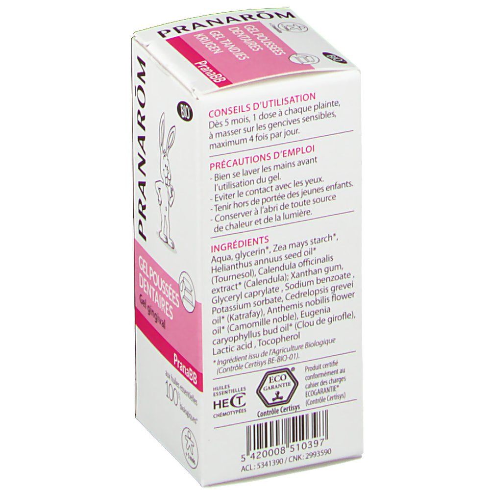 Boîte avec ingrédients et conseils d'utilisation. Marque Pranarôm. Certification Bio. Contient 15 ml. Pour bébés +5 mois.