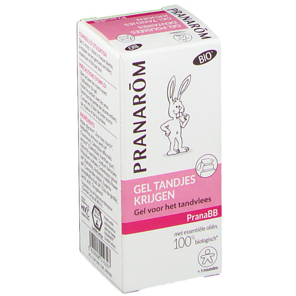 Boîte avec informations produit. Marque Pranarôm, logo Bio. Contient 15 ml. Pour bébés +5 mois. Rose et blanc.