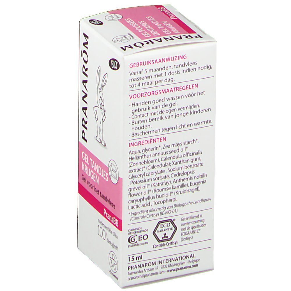 Dos de la boîte avec ingrédients et conseils d'utilisation. Marque Pranarôm. Certification Bio. 15 ml.