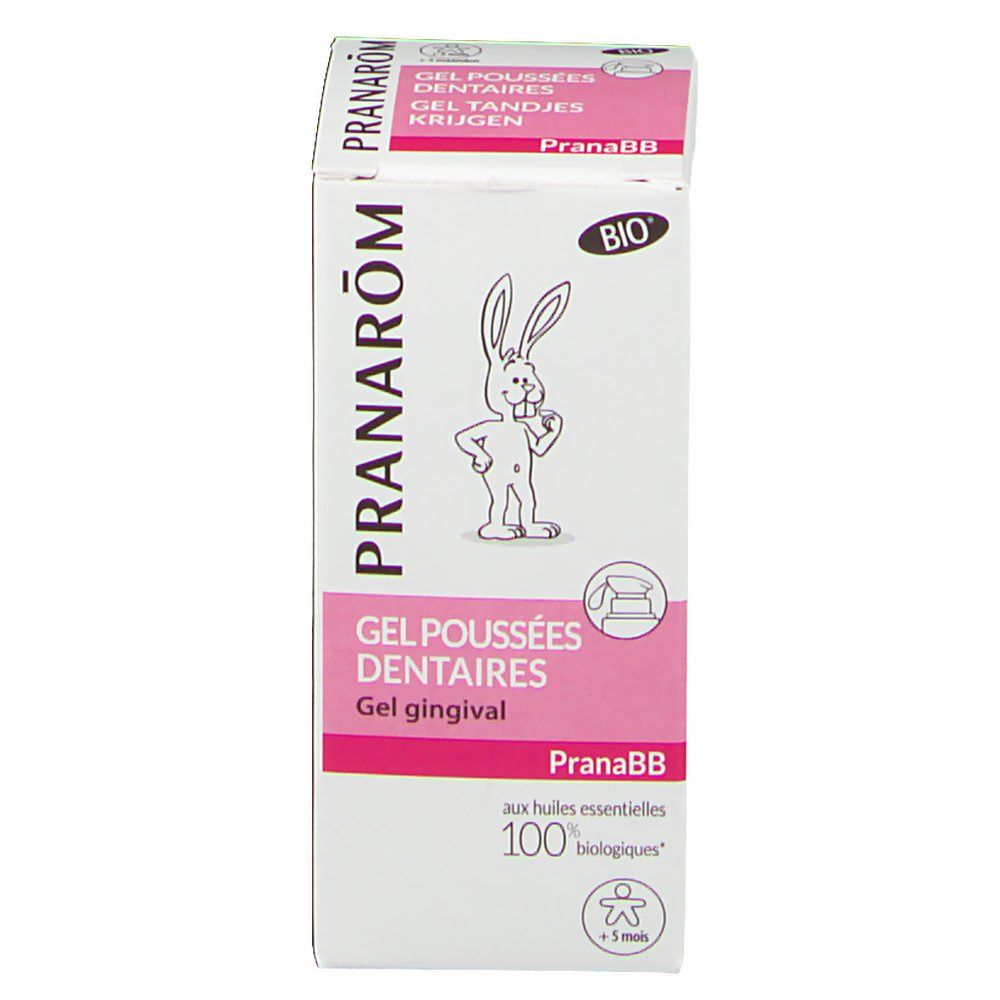 Boîte avec informations produit. Marque Pranarôm, logo Bio. Contient 15 ml. Pour bébés +5 mois. Rose et blanc.