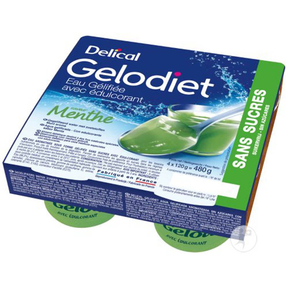 Boîte de quatre pots de Gelodiet Eau Gélifiée avec édulcorant Menthe. Emballage bleu avec nom du produit et liquide vert.
