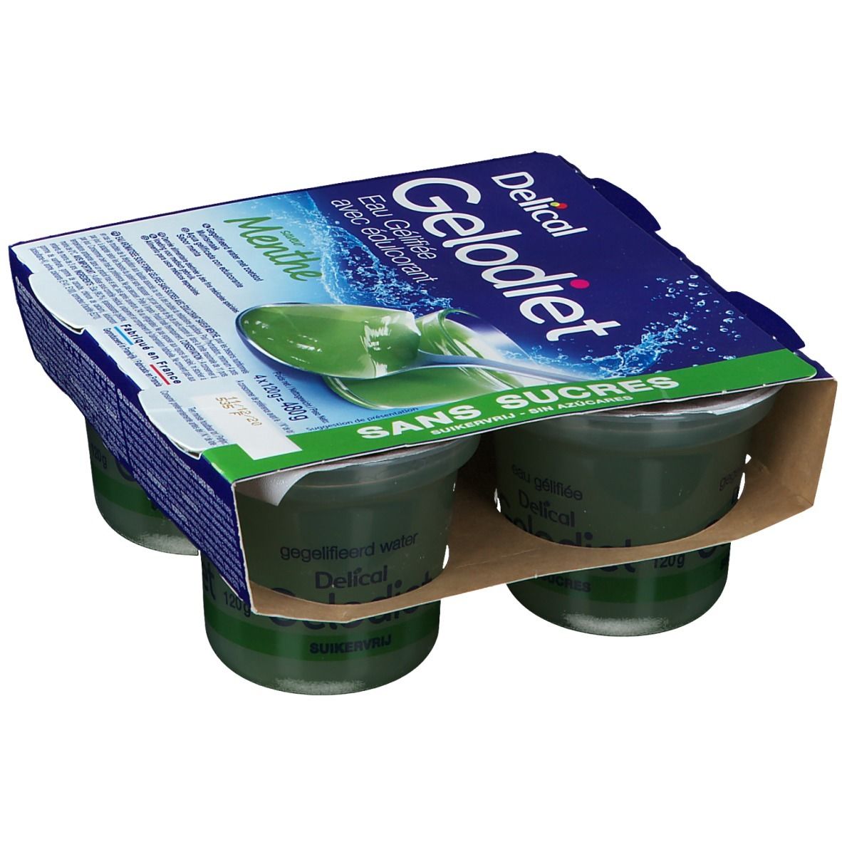 Boîte de quatre pots de Gelodiet Eau Gélifiée avec édulcorant Menthe. Emballage bleu avec nom du produit et liquide vert.