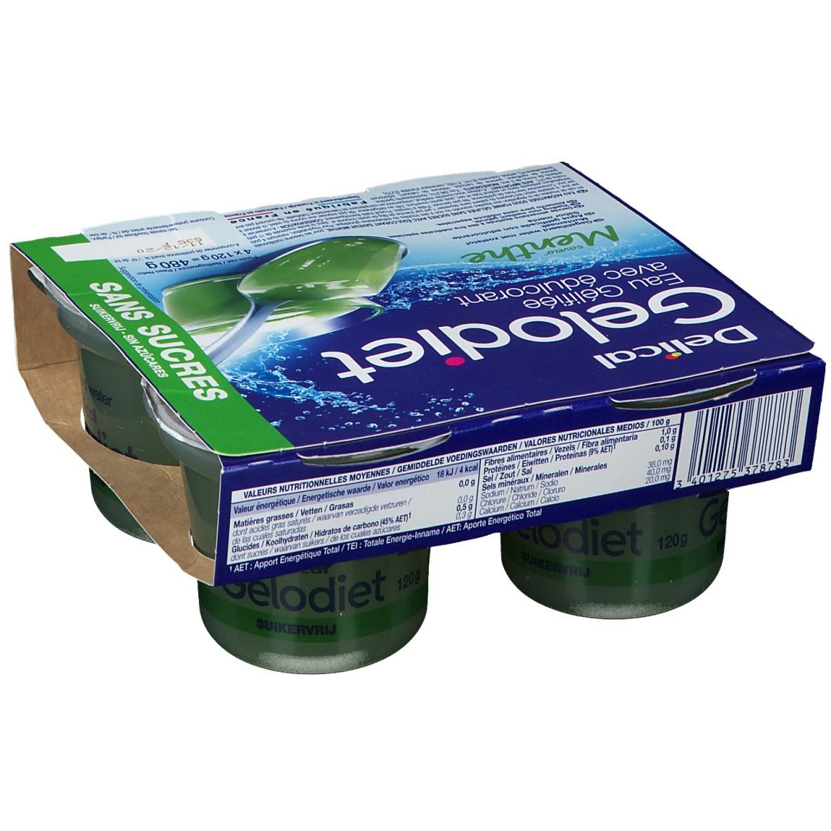 Boîte de quatre pots de Gelodiet Eau Gélifiée avec édulcorant Menthe. Emballage bleu avec nom du produit et liquide vert.