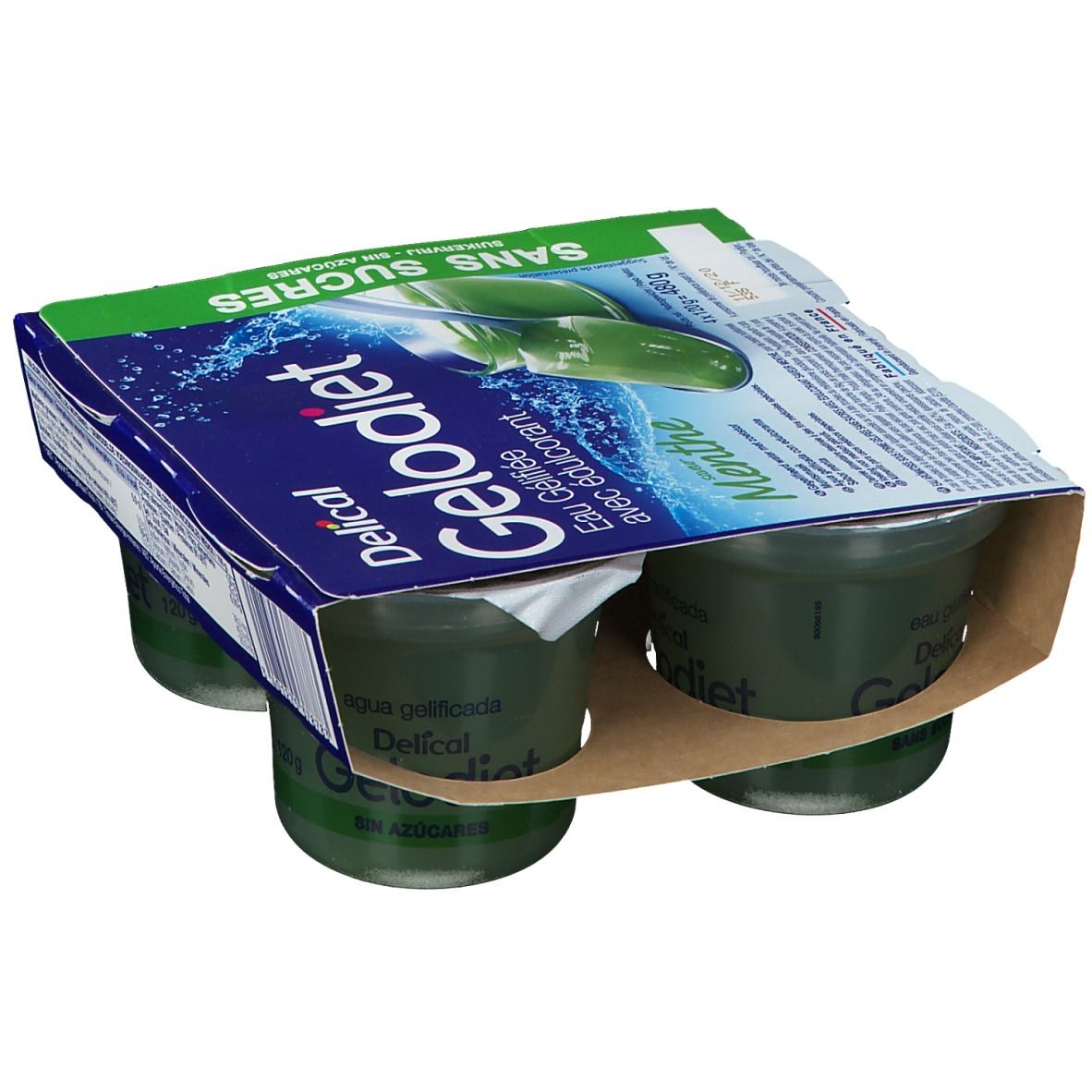 Boîte de quatre pots de Gelodiet Eau Gélifiée avec édulcorant Menthe. Emballage bleu avec nom du produit et liquide vert.