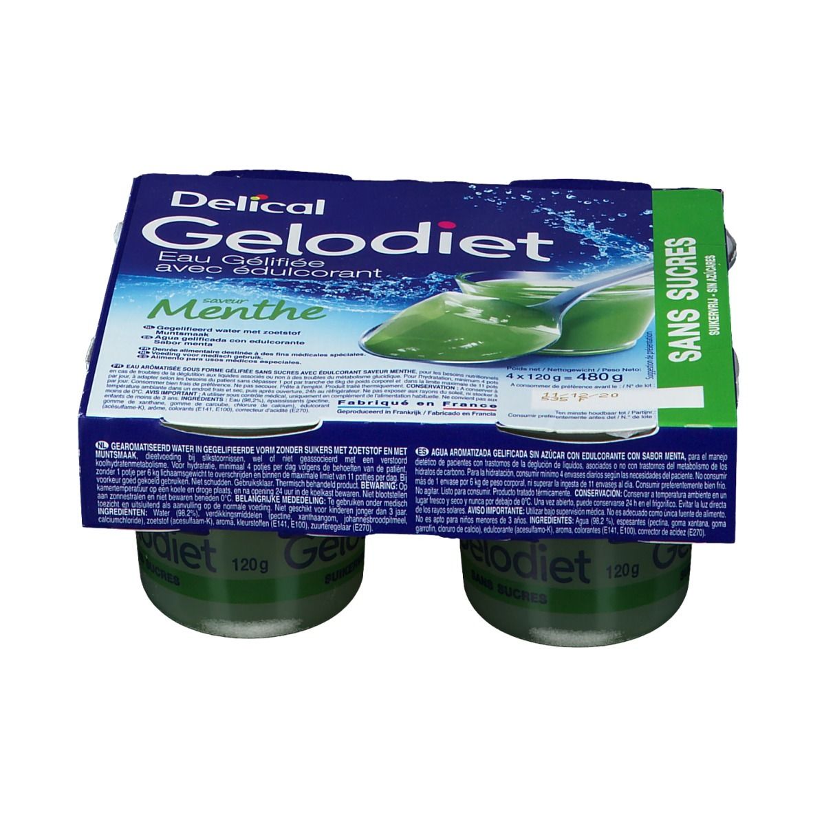 Boîte de quatre pots de Gelodiet Eau Gélifiée avec édulcorant Menthe. Emballage bleu avec nom du produit et liquide vert.
