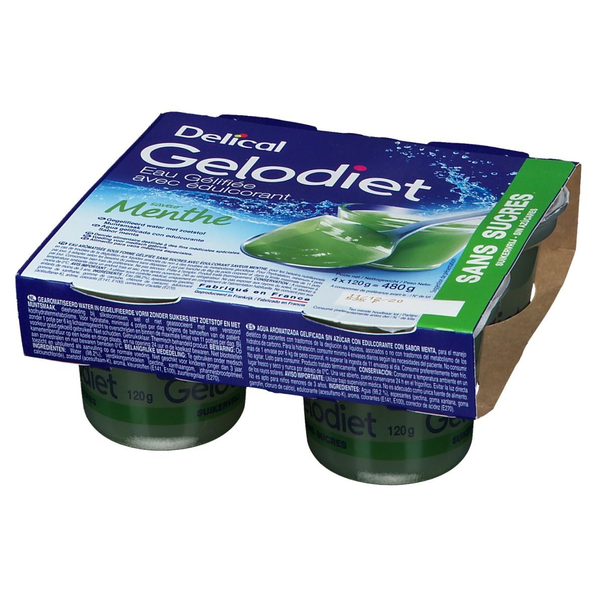 Boîte de quatre pots de Gelodiet Eau Gélifiée avec édulcorant Menthe. Emballage bleu avec nom du produit et liquide vert.