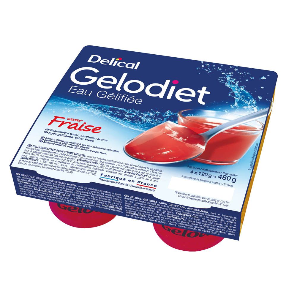 Emballage de deux pots de Gelodiet Eau Gélifiée, saveur fraise. Emballage bleu avec nom du produit et illustration.