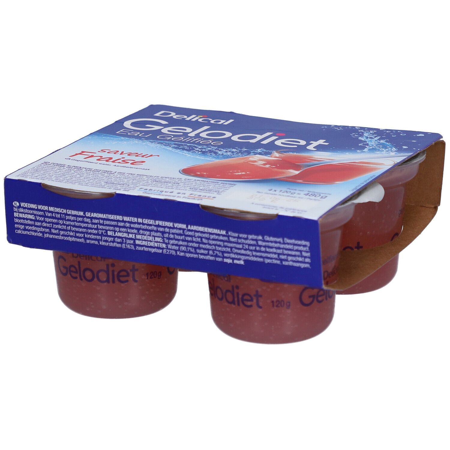 Emballage de quatre pots de Gelodiet Eau Gélifiée, saveur fraise. Emballage bleu avec nom du produit et illustration.