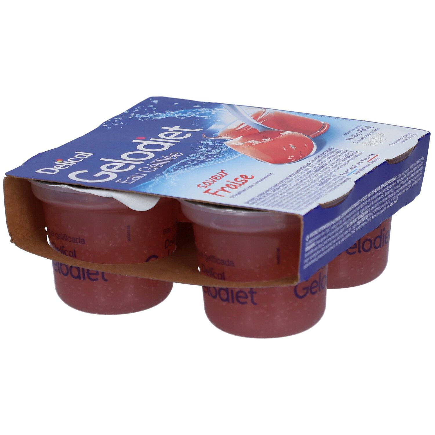 Emballage de quatre pots de Gelodiet Eau Gélifiée, saveur fraise. Emballage bleu avec nom du produit et illustration.