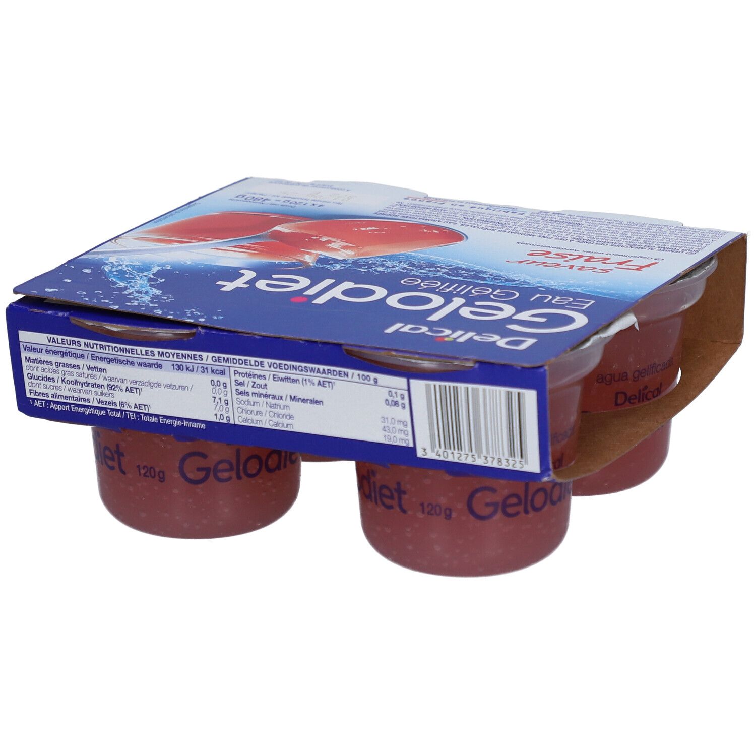 Emballage de quatre pots de Gelodiet Eau Gélifiée, saveur fraise. Emballage bleu avec nom du produit et illustration.