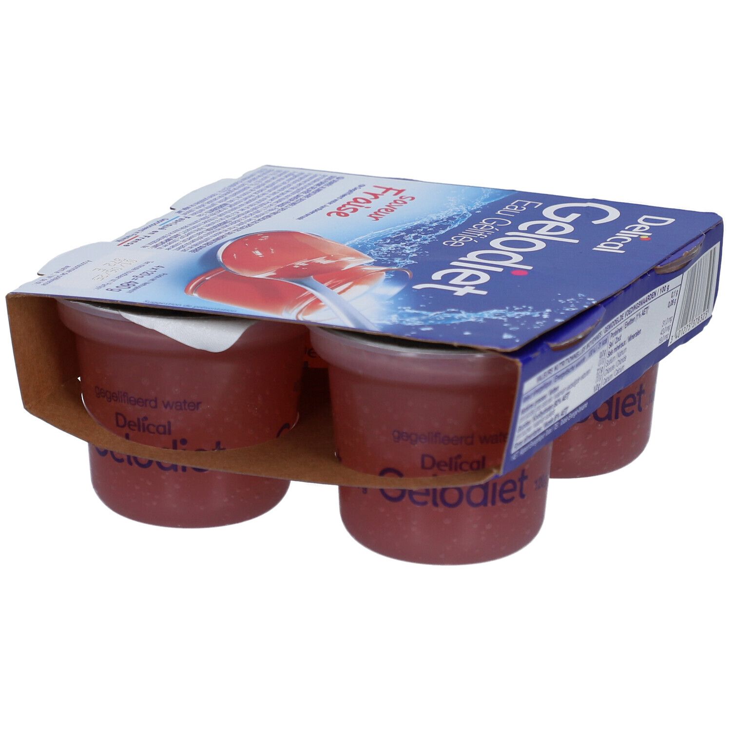 Emballage de quatre pots de Gelodiet Eau Gélifiée, saveur fraise. Emballage bleu avec nom du produit et illustration.