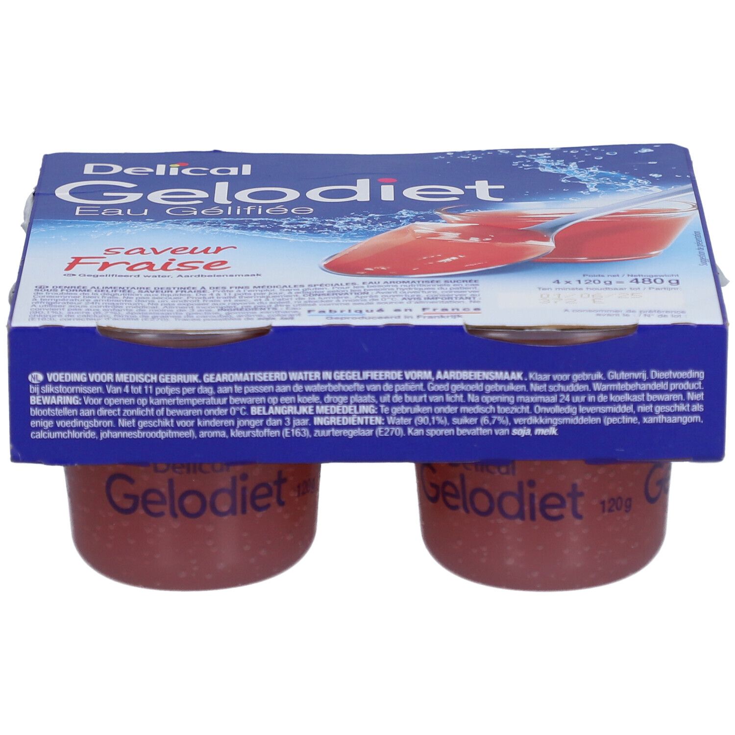 Emballage de quatre pots de Gelodiet Eau Gélifiée, saveur fraise. Emballage bleu avec nom du produit et illustration.
