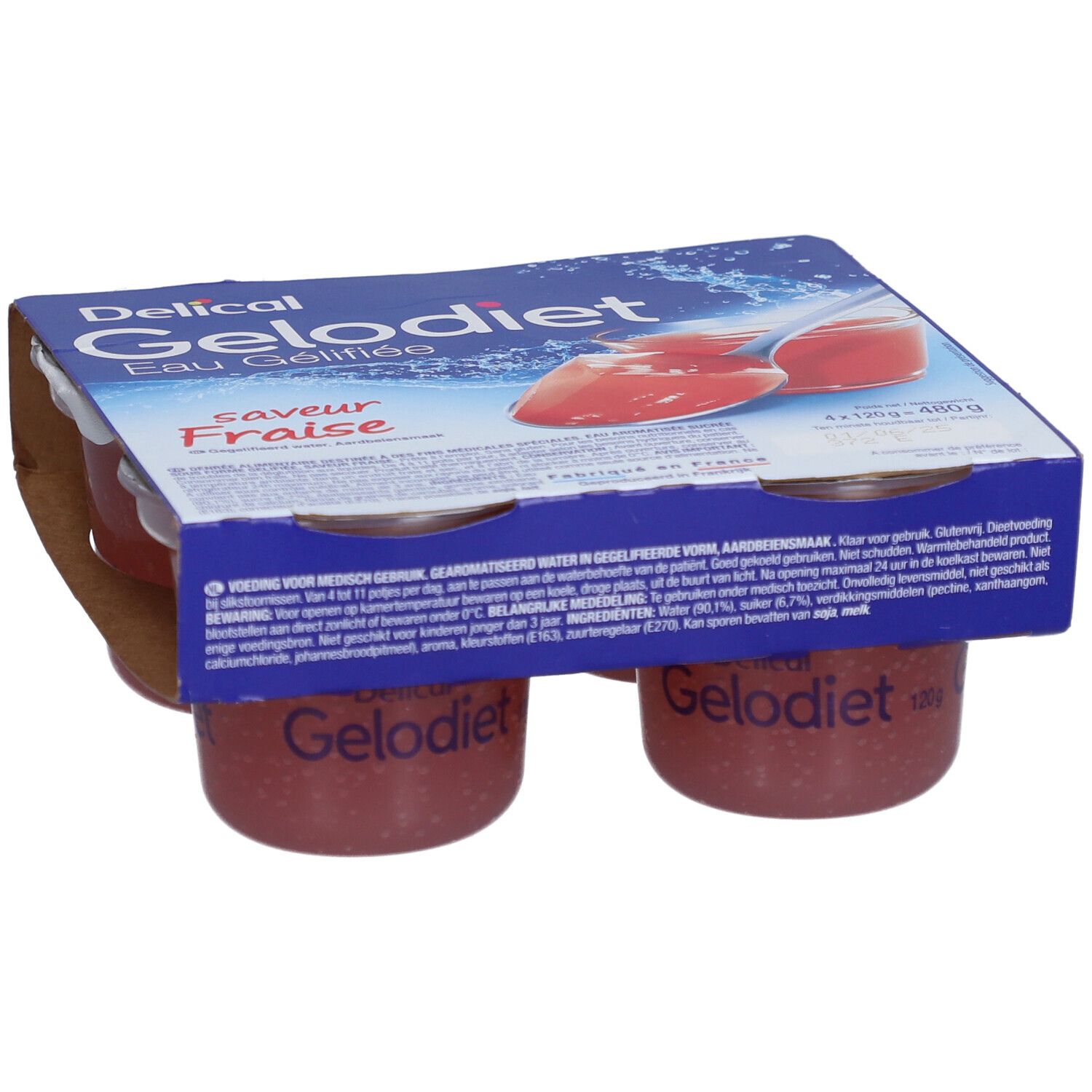 Emballage de quatre pots de Gelodiet Eau Gélifiée, saveur fraise. Emballage bleu avec nom du produit et illustration.