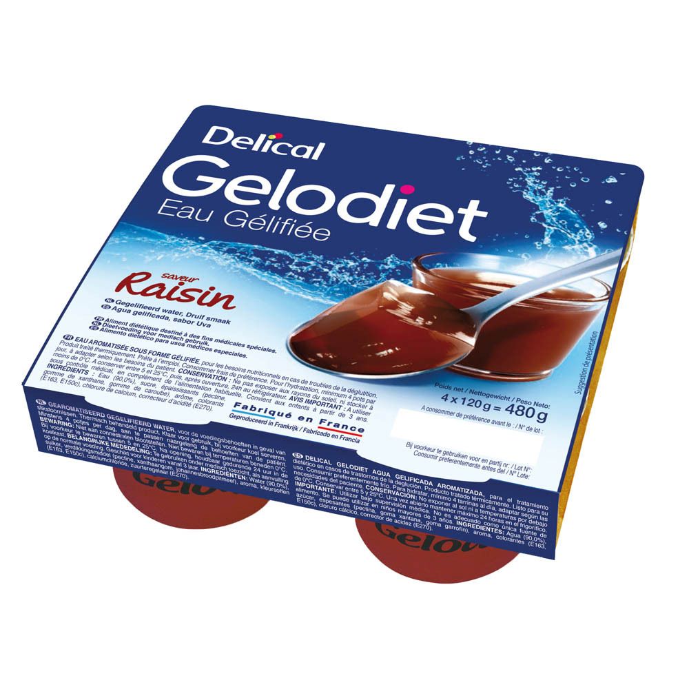 Emballage de quatre pots de Gelodiet Eau Gélifiée, goût raisin. Emballage bleu avec illustration du produit.