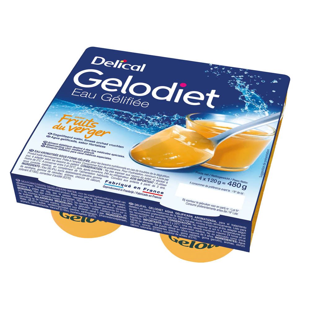 Pack de quatre pots de Gelodiet Eau Gélifiée Fruits du Verger. Emballage bleu avec nom du produit et image de fruits.