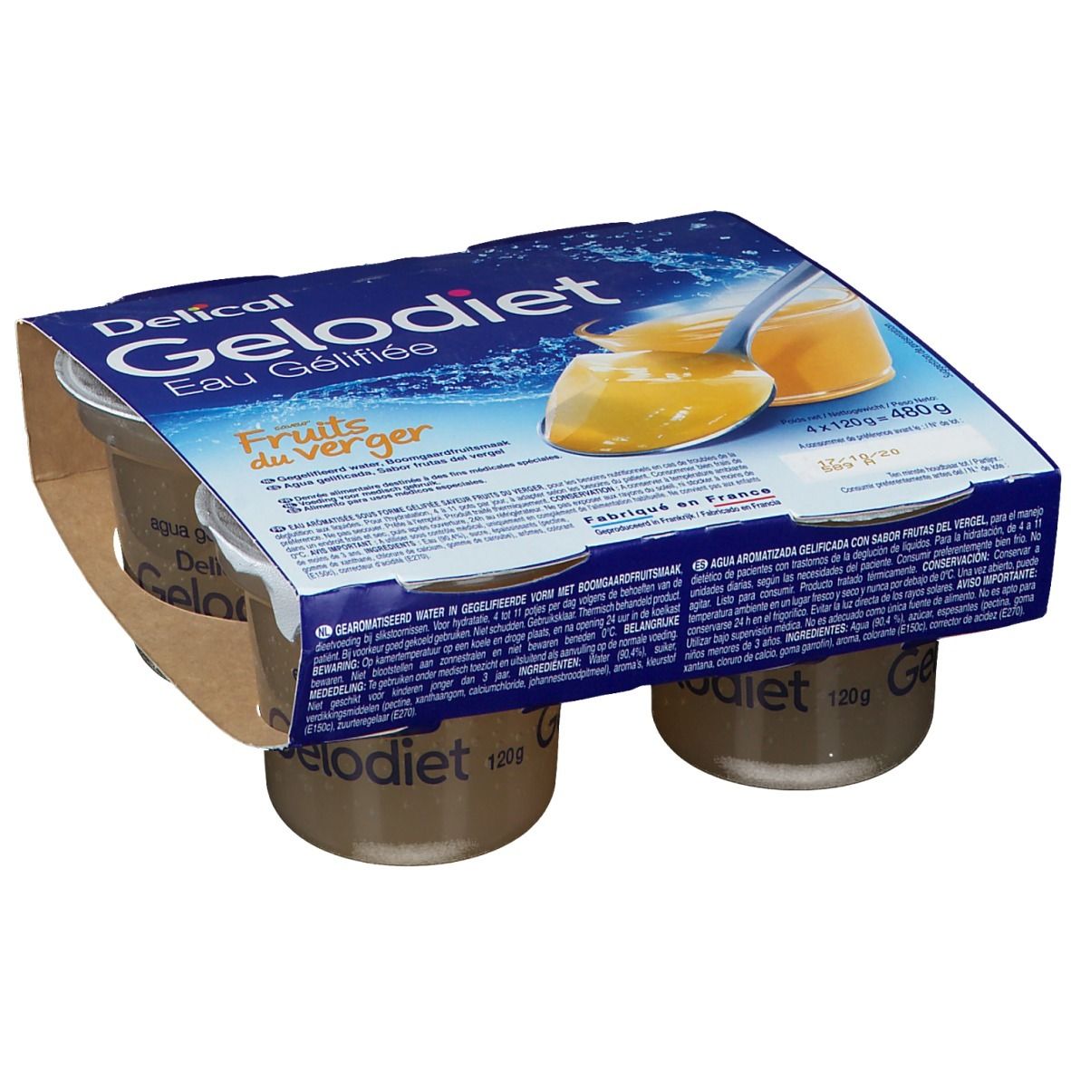 Pack de quatre pots de Gelodiet Eau Gélifiée Fruits du Verger. Emballage bleu avec nom du produit et image de fruits.