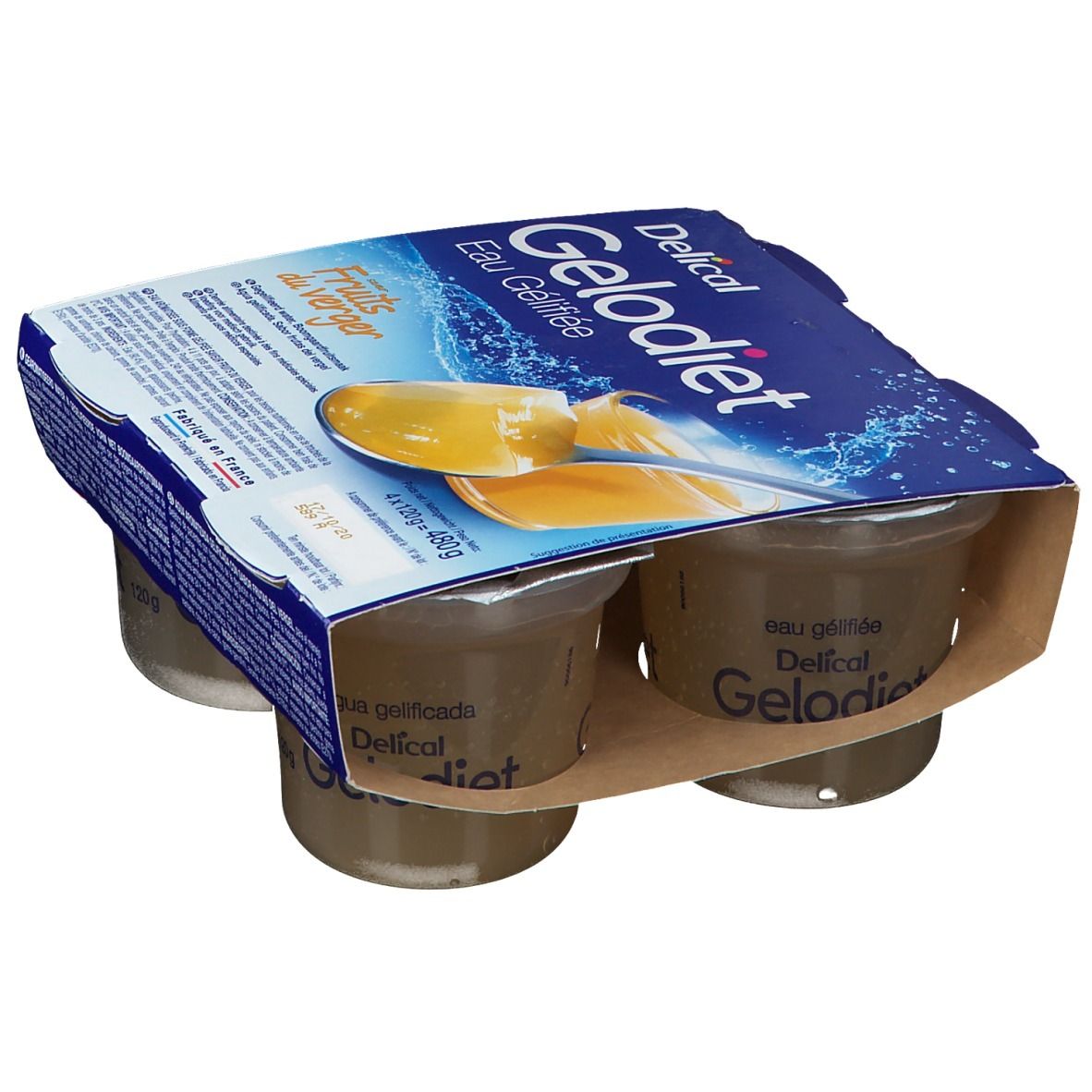 Pack de quatre pots de Gelodiet Eau Gélifiée Fruits du Verger. Emballage bleu avec nom du produit et image de fruits.