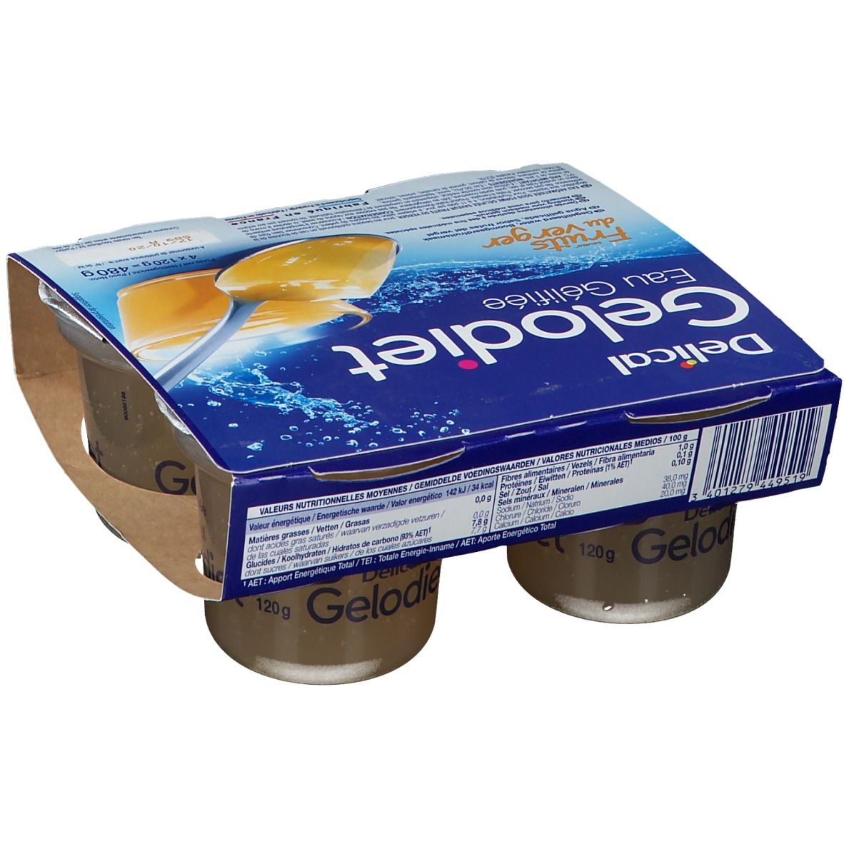 Pack de quatre pots de Gelodiet Eau Gélifiée Fruits du Verger. Emballage bleu avec nom du produit et image de fruits.