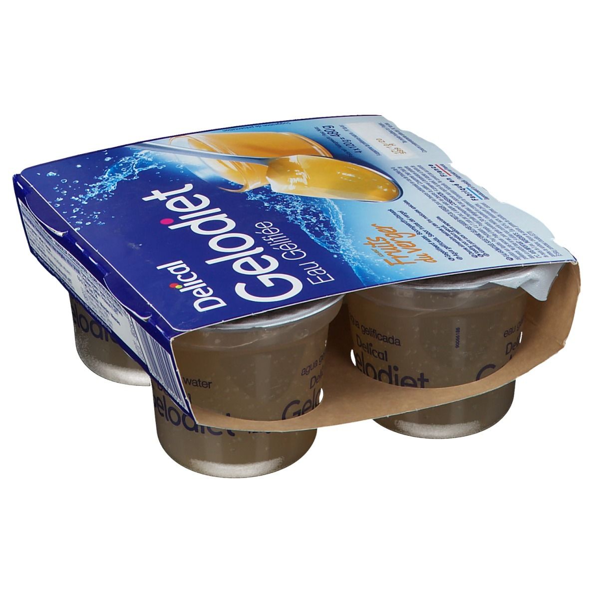 Pack de quatre pots de Gelodiet Eau Gélifiée Fruits du Verger. Emballage bleu avec nom du produit et image de fruits.