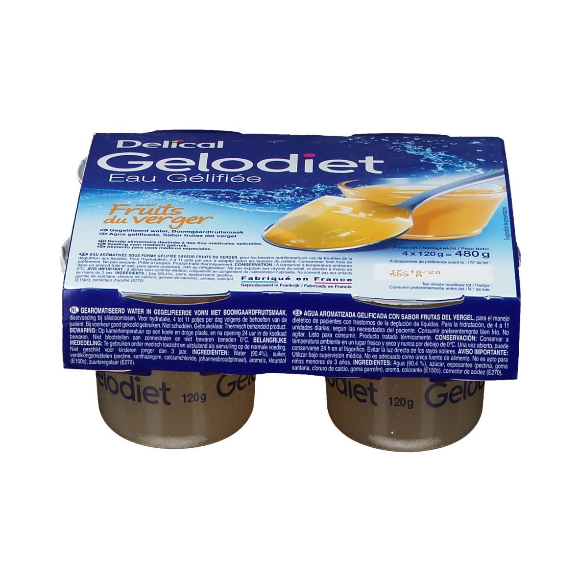 Pack de quatre pots de Gelodiet Eau Gélifiée Fruits du Verger. Emballage bleu avec nom du produit et image de fruits.