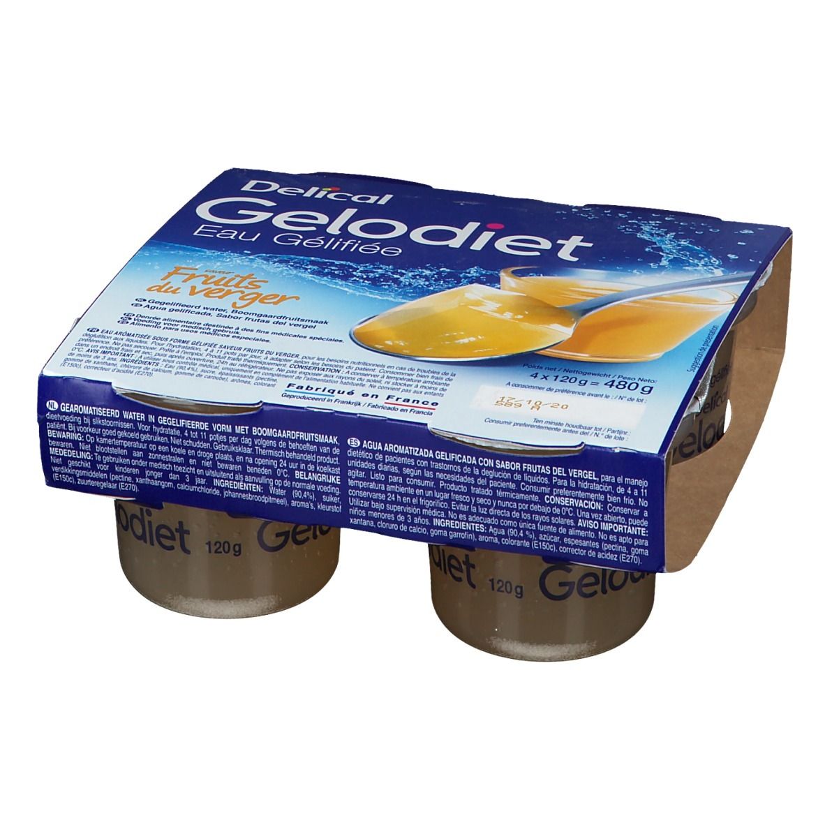 Pack de quatre pots de Gelodiet Eau Gélifiée Fruits du Verger. Emballage bleu avec nom du produit et image de fruits.