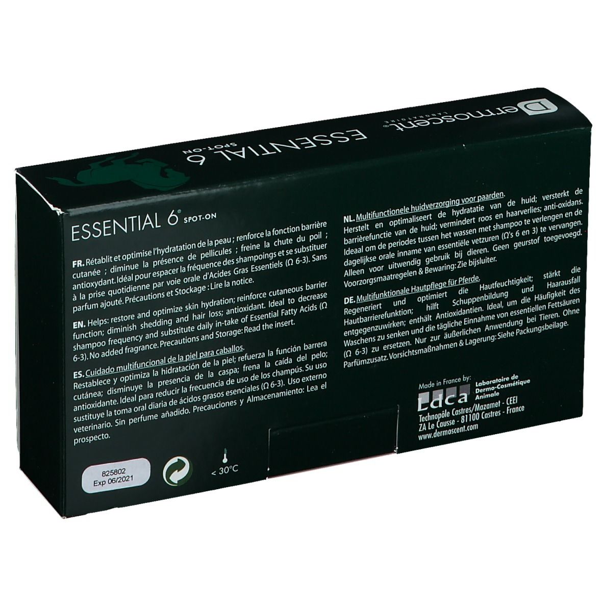Rückseite der dunkelgrünen Schachtel mit Text in mehreren Sprachen. Enthält Informationen zum Produkt.