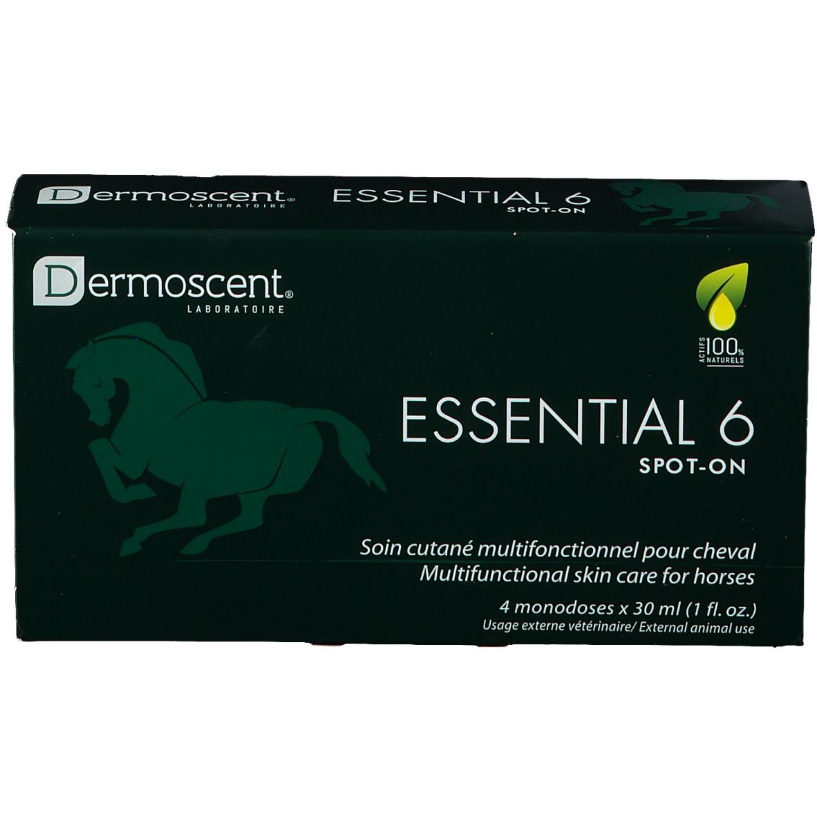 Dunkelgrüne Schachtel mit "Dermoscent" und "ESSENTIAL 6 SPOT-ON" Aufdruck. Enthält 4 Monodosen für Pferde.