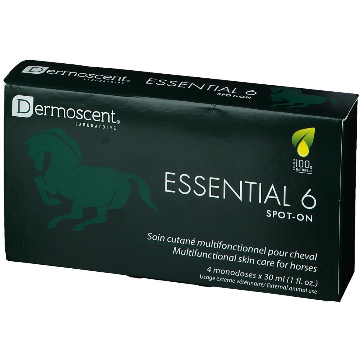 Dunkelgrüne Schachtel mit "Dermoscent" und "ESSENTIAL 6 SPOT-ON" Aufdruck. Enthält 4 Monodosen für Pferde.