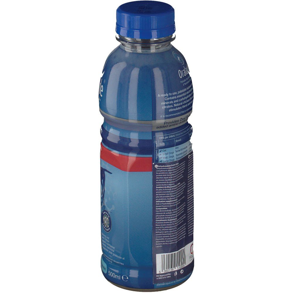 Bouteille bleue avec bouchon bleu. Dos avec texte et code-barres. Contient des informations sur la réhydratation et le soutien nutritionnel.