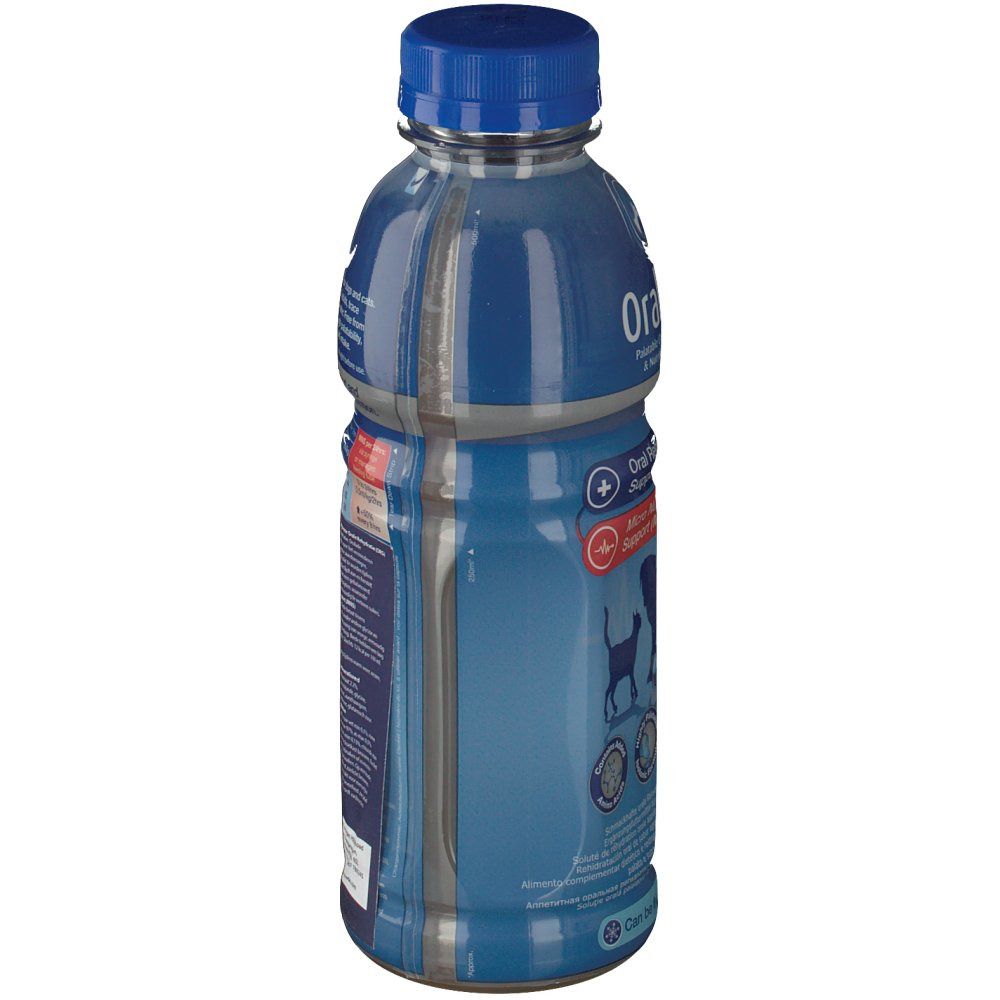 Bouteille bleue avec bouchon bleu. Vue latérale avec texte et illustrations. Contient des informations sur la réhydratation et le soutien nutritionnel.