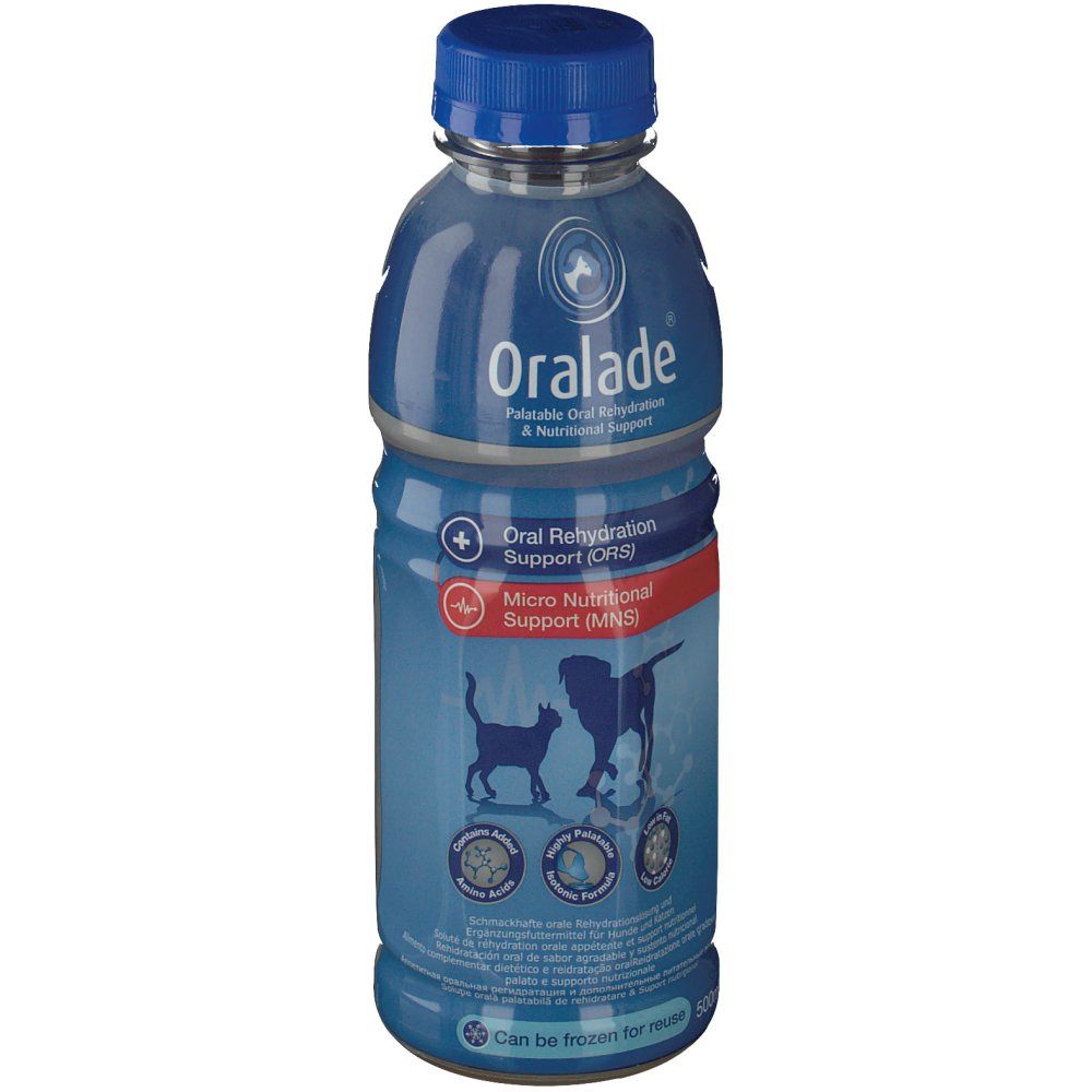 Bouteille bleu avec bouchon bleu. Inscription Oralade, illustrations chat et chien. Contient des informations sur la réhydratation.