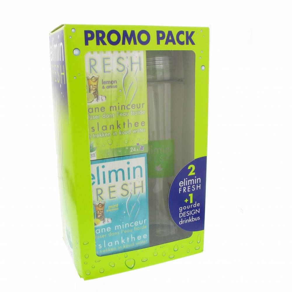 Promopack met twee dozen "Elimin Fresh" thee en een drinkfles. Groene verpakking met venster.