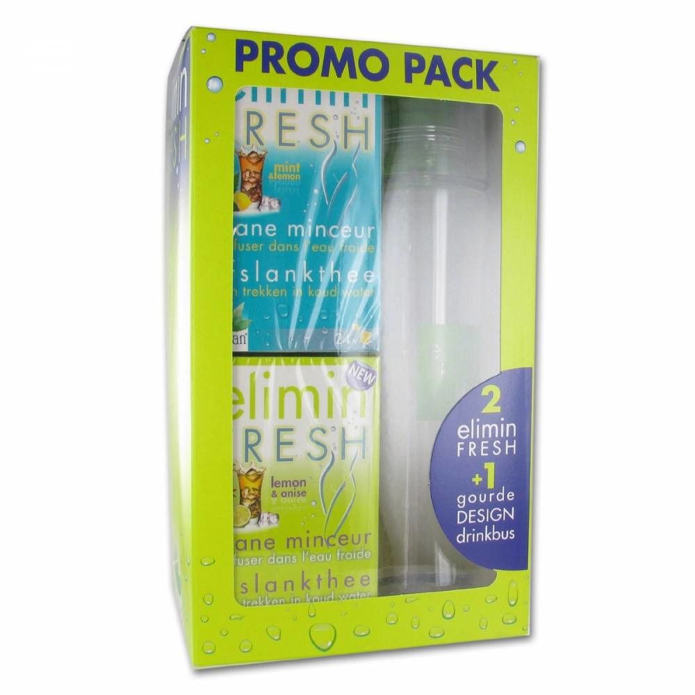 Promopack met twee dozen "Elimin Fresh" thee en een drinkfles. Groene verpakking met venster.